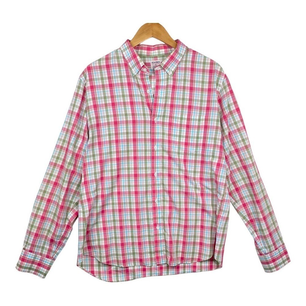 Bonobos Pink Green Plaid Print Slim Fit Long Sleeve Button Down Shirt Size XL